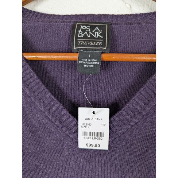 NWT Jos A Bank Sweater Mens Large Pima Cotton Purple V Neck Traveler Preppy - Picture 2 of 3